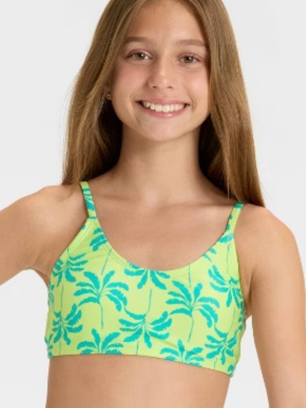 Neon Yellow & Teal Palm Print Crop Swim Top